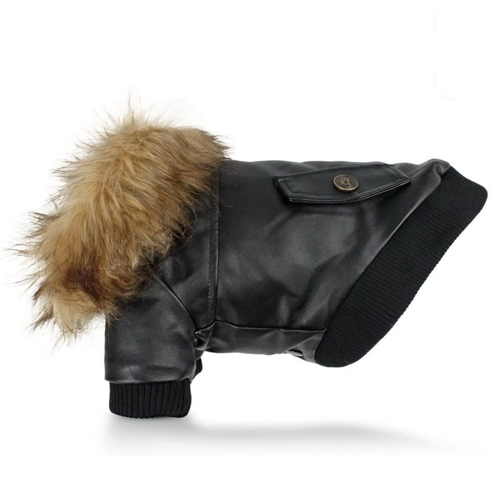 Waterproof Dog Jacket with Fur Collar Black Size 2XL (25lb)